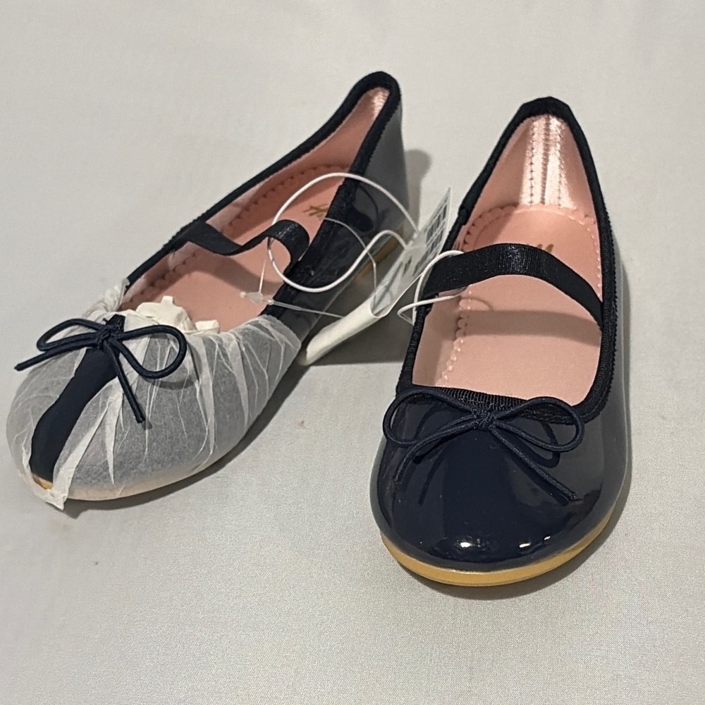 HM Girls Navy Blue Patent Ballet Flats Bow Dress Shoes Size 10.5 Kids 28 New